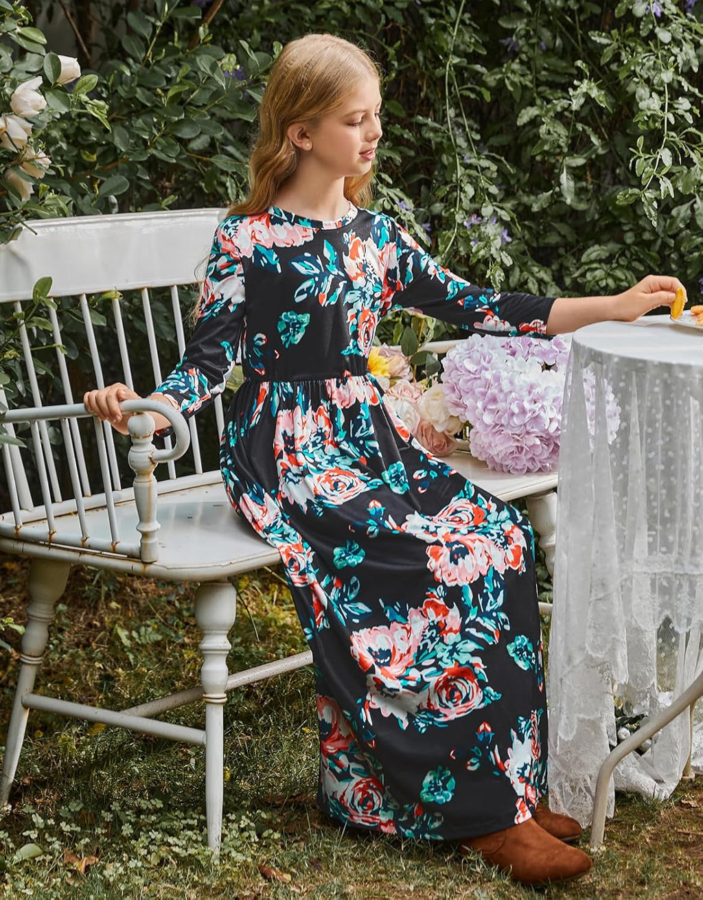 Girls Maxi Dress Floral 3/4 Long Sleeve Dresses with Pockets for Girls 6-12 Years